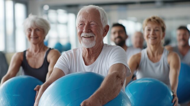 happy elderly couple exercising in a pilates class at the gym with three other younger people toning and strengthening their muscles using gym balls focus to the senior man and woman no logos no bran - Powered by Adobe