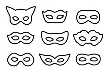 Black linear mask vector icon collection. Outline eye masks shape