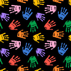 Color hand print seamless pattern. Cute kids palms