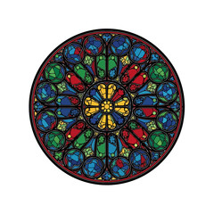 Detailed Stained Glass Rosette Window Illustration with Vibrant Colors and Intricate Design for Decorative Arts and Architectural Visualizations