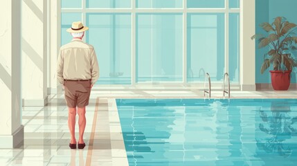 senior man standing by the indoor swimming pool no logos no brands ar 169