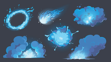 Smoke clouds cartoon elements set. Collection of blue energy ring, fireball motion, different explosions with fire center, cloud puffs and dusts, fireworks for game effects. Vector illustration. © alexdndz