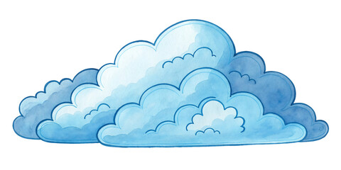 Fluffy blue cloud isolated on transparent background, a watercolor illustration of a dreamy sky with soft and light texture