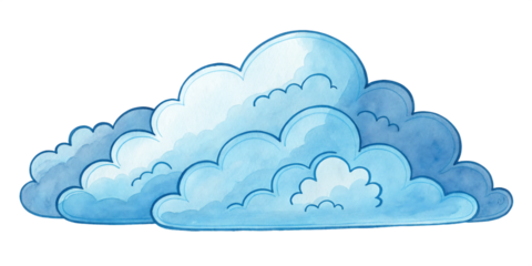Fluffy blue cloud isolated on transparent background, a watercolor illustration of a dreamy sky with soft and light texture