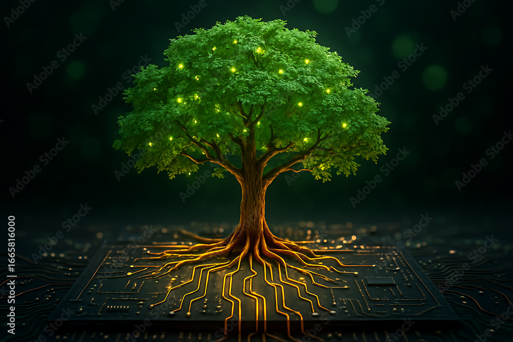 Poster glowing tree with circuit board roots growing from a dark surface symbolizing the connection and har