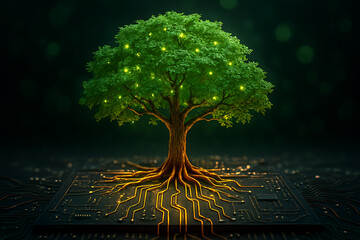 glowing tree with circuit board roots growing from a dark surface symbolizing the connection and harmony between nature and technology, combining growth and innovation