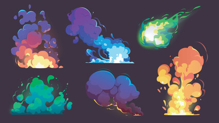 Game boom effect elements set. Collection of colourful fantasy energy lightnings and energy explosions with fire center, cloud puffs and dusts, shine and glow light power shots. Vector illustration. © alexdndz