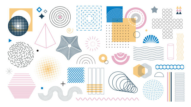 Geometric shapes elements set. Collection of different types of circles, spheres, grids, triangles, frames, striped waves, sun, star, arch, spiral, cross and more basic forms. Vector illustration.
