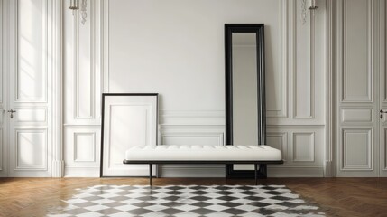 Elegant Minimalist Interior with White Panelled Walls and Black and White Floor Pattern