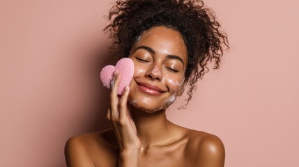 beautiful optimistic afro american woman cleanses face with foam refreshes skin has well cared complexion holds heart shaped sponge for beauty procedures stands bare shoulders with closed eyes no log