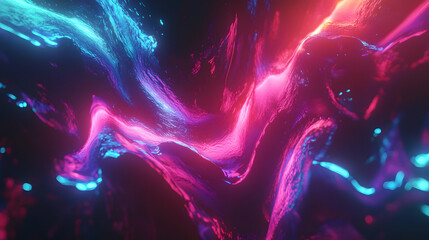 Vibrant glowing fluid energy waves pulsing with neon blue and pink light, abstract motion.