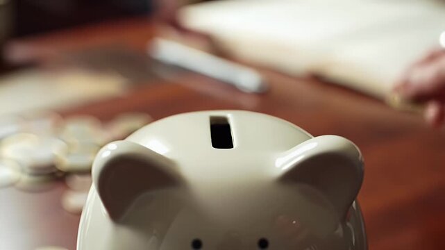 save money, piggy bank on desk with scattered coins around