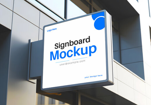 Square Signboard Mockup On Modern Building Facade