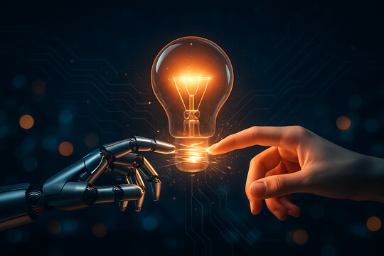 artificial intelligence robot and human hand reaching to touch a glowing light bulb symbolizing a shared new idea, innovation, and creative solution with technology