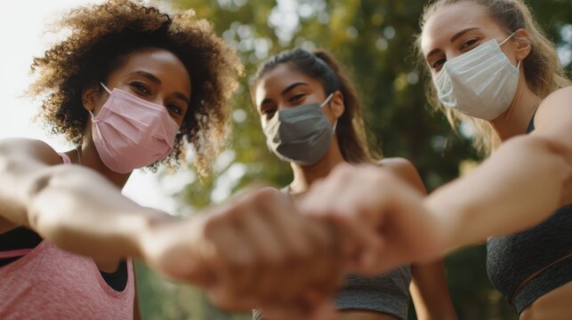 diverse multiracial fit girls friends wear face masks give elbow bump sporty african indian and caucasian young women group noncontact greeting together starting outdoor fitness training closeup no l