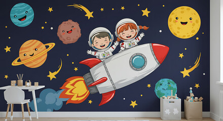 Fototapeta premium Adorable cartoon astronaut boy and girl flying in rocket with smiling planets, stars, and moon, vibrant illustration for children’s bedroom wall decor.