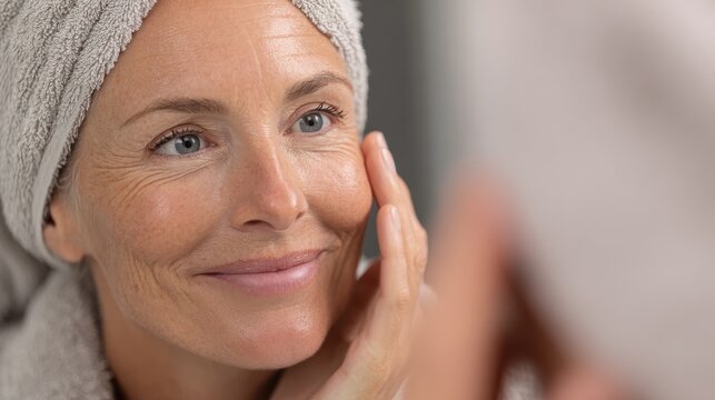 happy 50s middle aged woman model touching face skin looking in mirror smiling mature older lady pampering enjoying healthy skin care aging beauty skincare treatment cosmetic products concept no logo