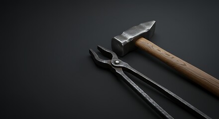 Close-up of vintage blacksmith tools, a traditional cross peen hammer and iron tongs, symbolizing manual labor, industry, and skilled artisanship