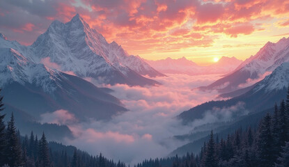 Obraz premium Scenic mountain landscape with sunrise and mist, dramatic sky
