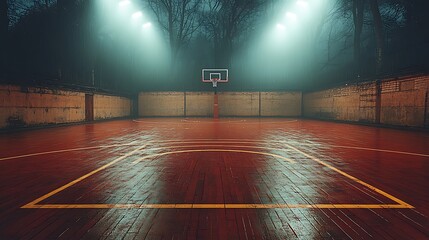 Empty outdoor basketball court at night with bright spotlights and wet wooden floor image