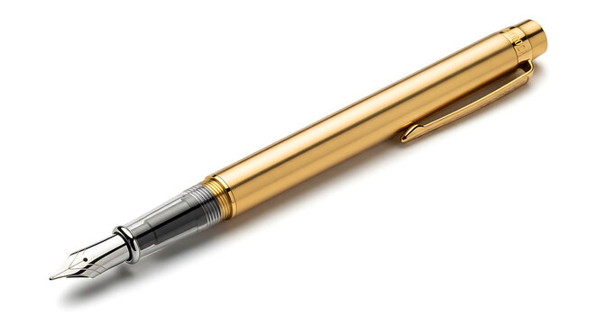 An elegant gold fountain pen with a classic nib, isolated on a white background, representing luxury, writing, and calligraphy