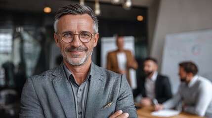 Fototapeta premium smiling confident mature businessman leader looking at camera standing in office at team meeting male corporate leader ceo executive manager wearing glasses posing for business portrait arms folded n