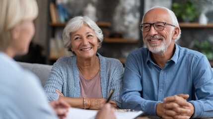 social worker talking to old man and woman for insurance plans on retirement happy supporter with senior people during a home consultation counseling and psychological session at home no logos no bra