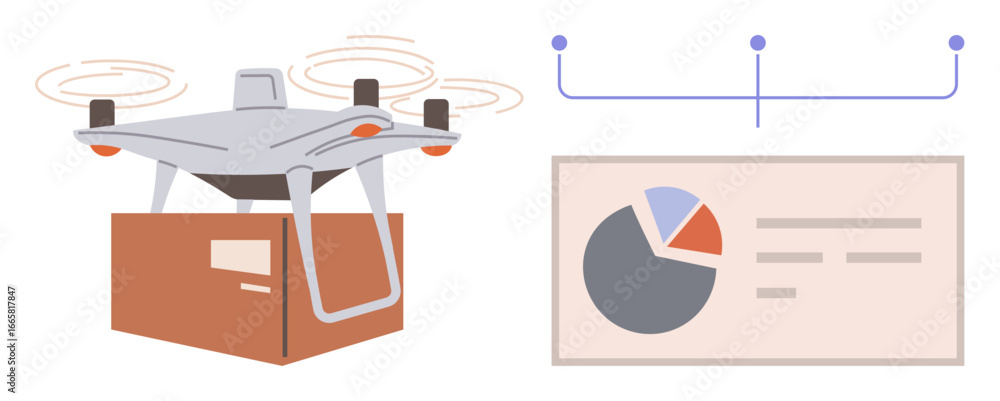 Poster drone flying and carrying a package, paired with a dashboard displaying pie charts and workflow diag
