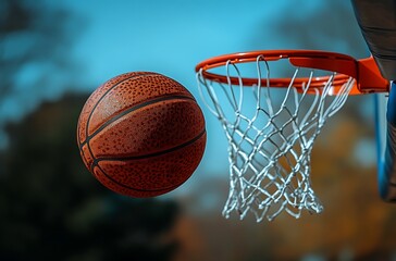 Orange basketball in mid air near a basketball hoop with white net sport game