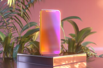 A modern smartphone, featuring a gradient iridescent finish, sits atop a metallic platform amongst lush tropical foliage, bathed in soft, pastel light.