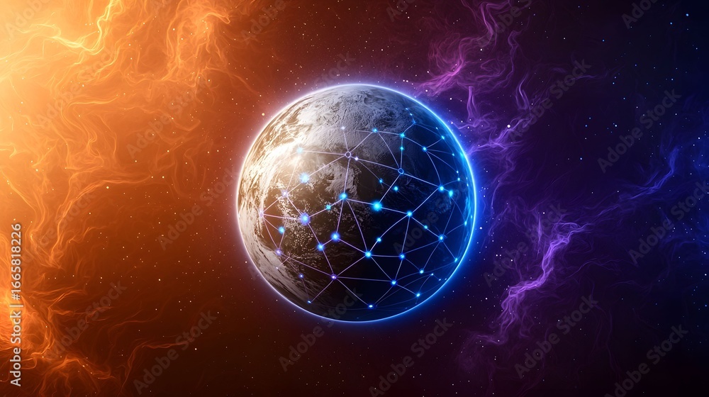 Aufkleber an illustration showing a planet with a network overlay, set against a cosmic background with orange