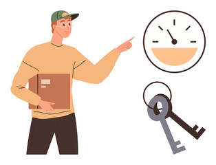 Young male holding a parcel and pointing at a progress gauge, accompanied by floating keys. Ideal for delivery, logistics, timing, security, business goals, productivity and guidance. Simple flat