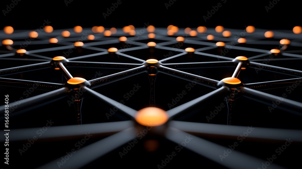 Poster the image showcases a digital network structure with interconnected gray rods and illuminated orange