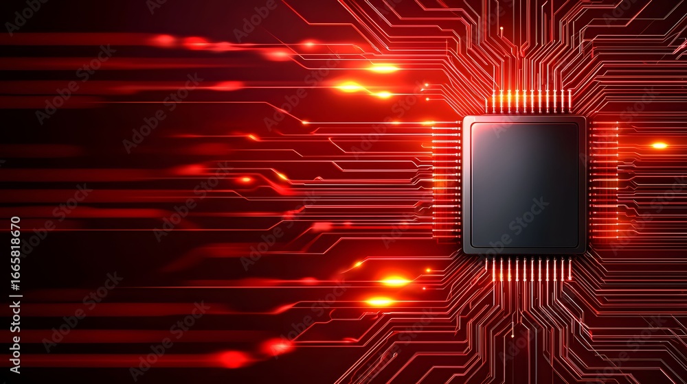 Poster the image displays a complex motherboard with illuminated red paths and a central processor, giving 