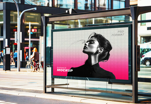 Urban Bus Stop Poster Mockup with Fashionable Portrait
