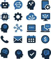 Modern AI and technology flat icons set with cloud, machine learning, network, analytics, and automation symbols. Ideal for digital projects, apps, websites, presentations, and IT solutions.

