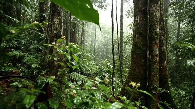 Lush Rainforest Scene: Rain Trees and Green Foliage.
