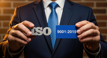 Businessperson presents ISO letters and a card showing 9001 2015 against a brick background