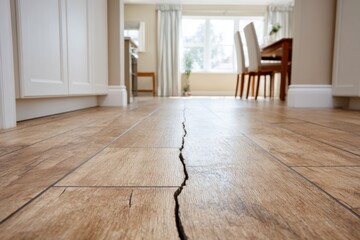 A cracked wooden floor in a kitchen or dining area, with cabinets and a table visible in the background.
