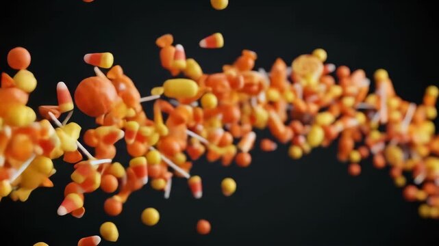 Dynamic candy explosion with vibrant orange and yellow treats, perfect for Halloween, celebrations, or creative projects, a sweet visual.