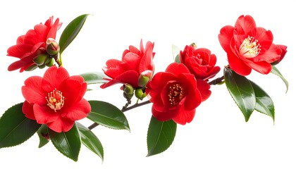 A vibrant branch of deep red camellia blossoms, showcasing delicate petals and lush green leaves, arranged against a pure white background.