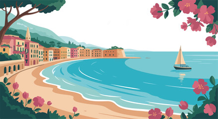 Illustration of a beach scene with buildings and palm trees nearby