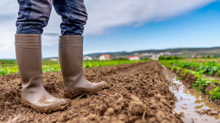 Agricultural worker wearing rubber boots stands on wet soil in a lush green field, showcasing the connection between farming and nature in a vibrant rural landscape