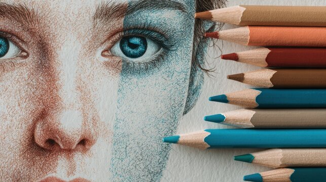 Creative Colored Pencil Drawing of a Person Showcasing Detailed Eyes and Artistic Shading in a Tranquil Workspace Setting - Powered by Adobe