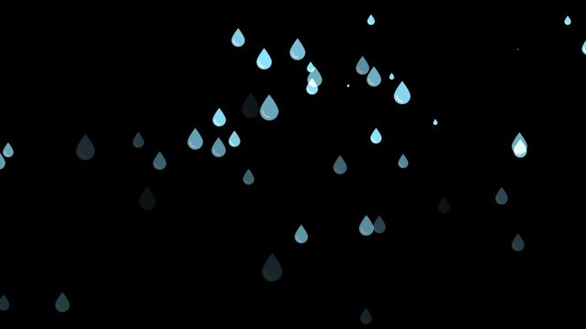 cartoon like rain falling looping over black background. Isolated Rain Loop on Black and green screen