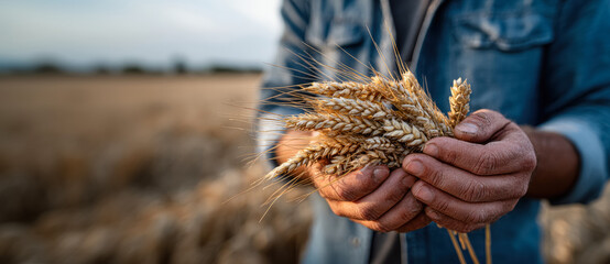 Hands of a farmer holding freshly harvested wheat, showcasing golden grains against a blurred field background, symbolizing agricultural success and natural abundance