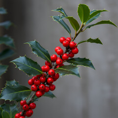 Fototapeta premium Photo of Holly Branch with Red Berries and Green Leaves in Natural Detail