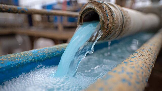 Blue water flowing from an industrial pipe into a trough with bubbles. Ideal for illustrating wastewater systems, fluid transfer, or water management in factory and environmental contexts.