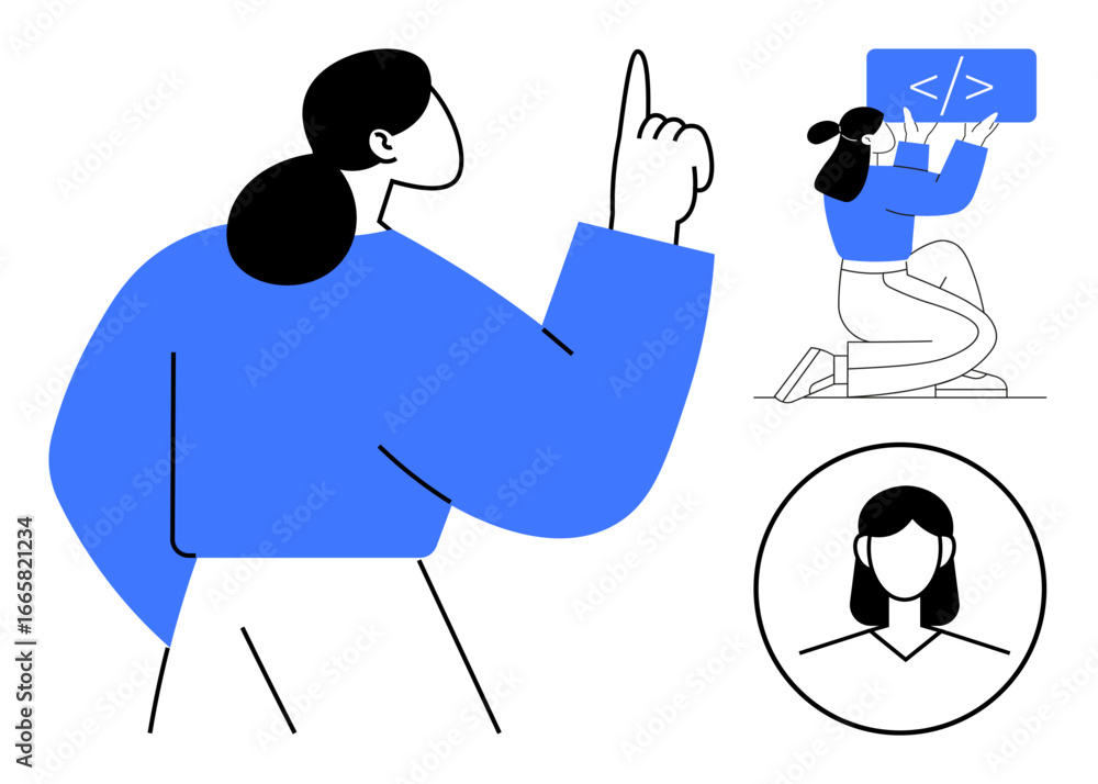 Poster woman raising hand symbolizing idea, developer working with code on screen, simplified profile pictu