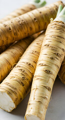 Photo of Horseradish Roots with Textured Brown and White Detail Close Up View